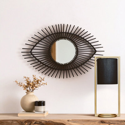 Orsina Black Natural Rattan Eye Shapped Wall MirrorRattan Frame Large Wall MirrorUnique Wooden Frame Mirror from B&Q