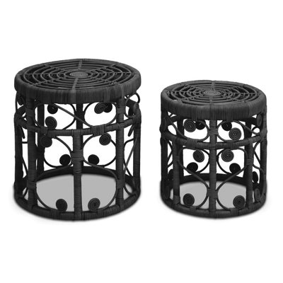 Orsina Elegant Set Of Two Black Natural Rattan TablesRound Coffee TableSturdy Side TableVersatile Small Table from B&Q