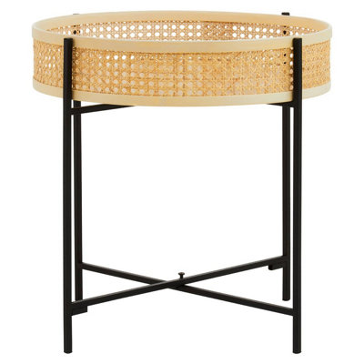 Orsina Natural Sleek Side Table With Cross LegsHand Woven Square Webbed TableRattan Top Wooden Lounge Table from B&Q