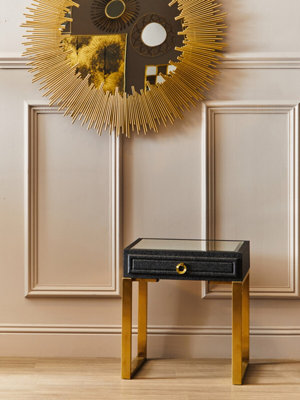 Orsina 1 Drawer Faux Shagreen Side TableBlack Faux Leather Shagreen TextureGold Legs And Knocker Style Handle from B&Q