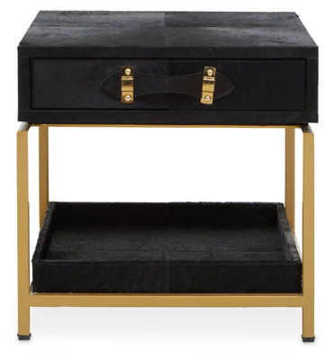 Orsina Black Hair On Hide Bedside TableLuxe Gold Frame NightstandModern Statement Side TableWooden Table from B&Q