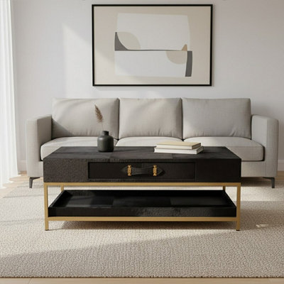 Orsina Black Hair On Hide Coffee TableGold Frame Modern Statement TableRectangular Living Room Table from B&Q