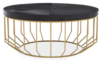 Orsina Black Round Coffee TableHair On Hide Leather Top With Gold Iron FrameModern Luxe Table For Living Room from B&Q