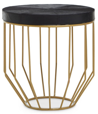 Orsina Round Side TableBlack Hair On Hide Leather TopGold Iron Geometric FrameModern Luxe Accent Table from B&Q