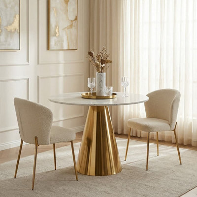 Orsina Round White Marble Top Dining TableGeometric Conical Gold Base Design Marble Dining Room Table from B&Q