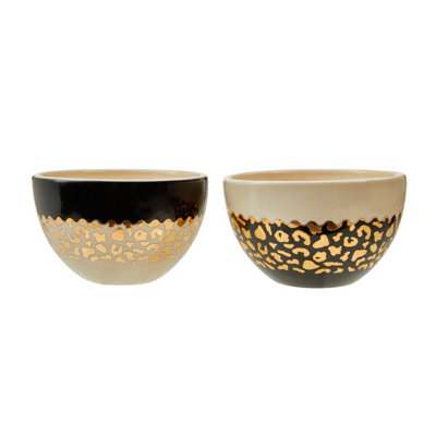 B&Q -  Set Of 2 Stoneware Bowls With Leopard Pattern,golden Highlighted BowlsSalad Bowls With Contrasting Borders