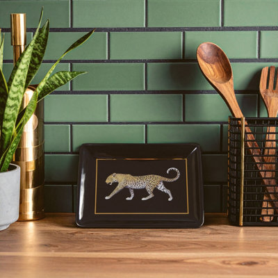 B&Q -  Black & Gold Leo Tray,elegant Food Tray With Leopard Print,durable Gold Trim Bar Tray,multi-Purpose Lap Tray