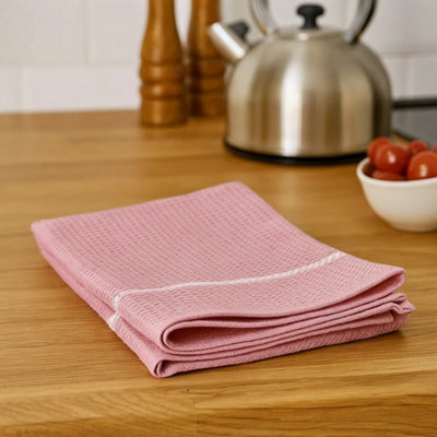 Orsina Efficient Set Of Three Wafle Pink And White Tea TowelsDurable Tea TowelsSoft Tea Towels For Kitchen from B&Q