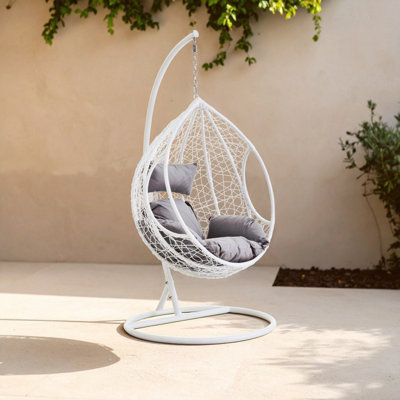 Orsina Goa White Rattan Effect Hanging Chair With Grey Cushions - White - Image 4