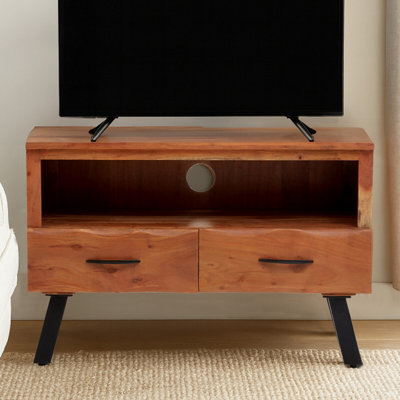 Orsina Two Drawer Acacia Media Unit Natural Acacia Wood Tv Cabinet With Open Shelf  Iron Legs Media Console from B&Q