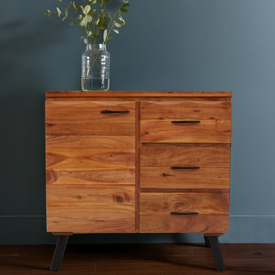 Orsina Small Acacia SideboardNatural Acacia Wood 1 Door And 3 Drawer Buffet CabinetIndustrial Black Storage Unit from B&Q