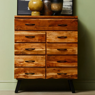 Orsina 9 Drawer Acacia ChestNatural Solid Acacia Wood Storage Chest With Black Metal LegsMulti Drawer Dresser from B&Q