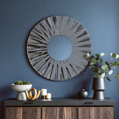 Orsina Round Grey Wall MirrorModern Radial Design Decorative Wall MirrorGrey Mirrored Sunburst FrameMirror from B&Q