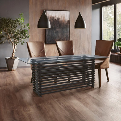 Orsina Matte Black Dining TableRectangle Clear Glass Top Dining Room TableStainless Steel Base Kitchen Table from B&Q