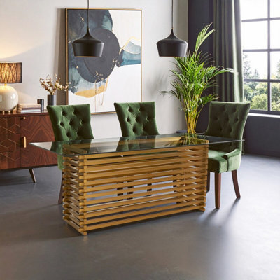 Orsina Matte Gold Dining TableRectangle Clear Glass Top Dining Room TableStainless Steel Base Kitchen Table from B&Q