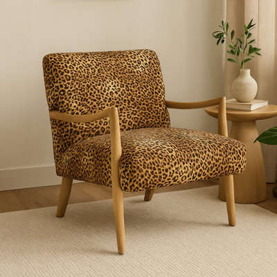 Orsina Leopard Print Velvet ChairUpholstered Mango Wood ArmchairBold Curved Accent Chair For Living Room from B&Q
