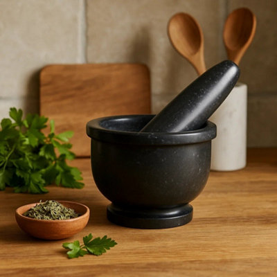 Orsina Black Marble Mortar And Pestle With RimDurable Natural Stone Grinder For Kitchen Use from B&Q