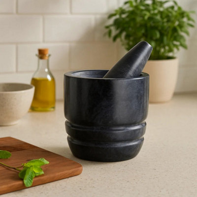 B&Q -  Black Marble Textured Mortar And PestleDurable Natural Stone Grinder For Kitchen Use