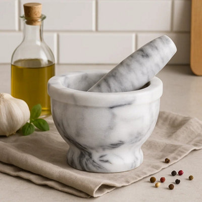 Orsina Grey Marble Mortar And Pestle With RimDurable Natural Stone Grinder For Kitchen Use from B&Q