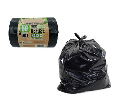 Eco Bag 50 Heavy Duty Black Bin Bags Refuse Rubble Sacks 100L Recycled Eco Black Bags from B&Q
