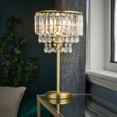 Inlight Sobra Tiered Round Polished Satin Clear Brass Effect Table Lamp from B&Q