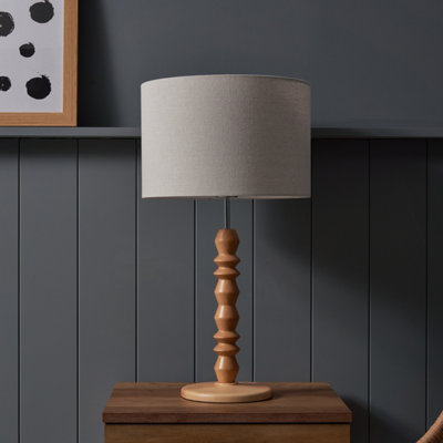 Inlight Patos Spindle Round Matt Natural Wood Effect Table Lamp from B&Q