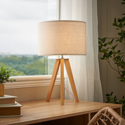 Inlight Aruna Tripod Matt White & Natual Wood Effect Table Lamp from B&Q