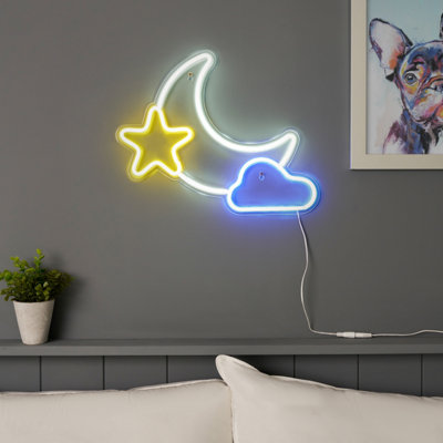 Glow Arlo Moon & Star Neon WhiteYellow & Blue Plug-In Led Wall Light from B&Q