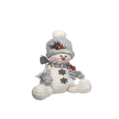 Christmas DecorationPlush Sitting Snowman With Shovel (Grey) from B&Q