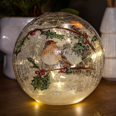 Samuel Alexander 15Cm Battery Operated Light Up Robin Crackle Glass Ball With 12 Warm White Leds from B&Q