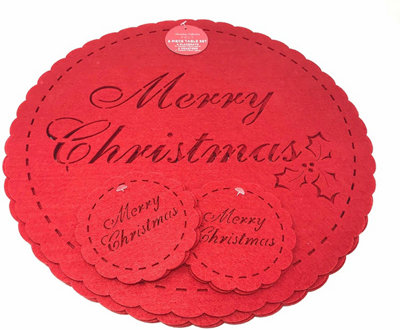 8 Piece Merry Christmas Red Felt SetRound Placemats And Coasters from B&Q