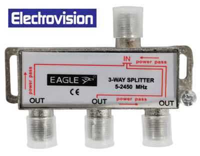Electrovision 3 Way Satellite Splitter With A Single Input Port And Three Output Ports Arranged On The Splitter Housing from B&Q