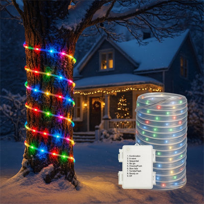 B&Q Light Xmas Haus Multi-Colour Festive Christmas Rope 100 Micro Leds, Battery Operated, 8 Function Controller, Outdoor Use 10M