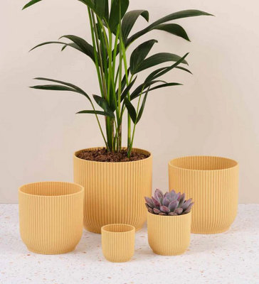 Vibes Fold Round Plant Pot Indoor Home Decorative Flower Herb Planter Embossed Design Recycled Plastic 16Cm Butter Yellow from B&Q