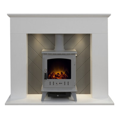 B&Q -  Corinth Stove Fireplace In White & Grey With Downlights &  Aviemore Electric Stove In Grey Enamel48 Inch