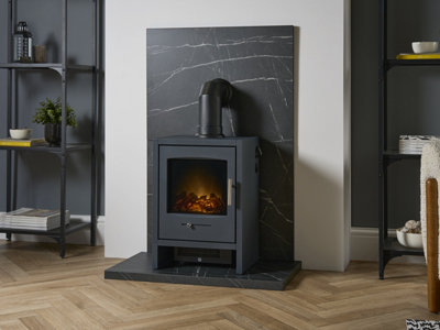 B&Q -  Tile & Hearth Set In Black Marble Effect With Bergen Stove & Angled Pipe