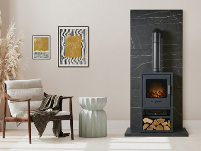 B&Q -  Tile & Hearth Set In Black Marble Effect With Bergen Xl Stove & Tall Angled Pipe