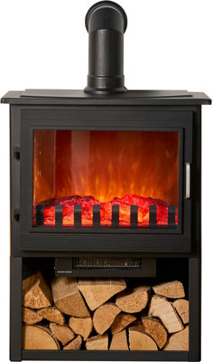 B&Q -  Marlow 3-Sided Electric Stove With Log Storage In Black & Angled Stove Pipe