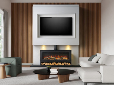 B&Q -  Pre-Built Media Wall 3 With Vision Electric Media Stove & Log Store In Black
