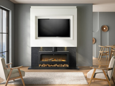 B&Q -  Pre-Built Black Marble Effect Media Wall 3 With Vision Electric Media Stove & Log Store In Black