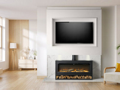 B&Q -  Pre-Built White Marble Effect Media Wall 3 With Vision Electric Media Stove & Log Store In Black