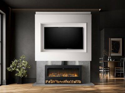 B&Q -  Pre-Built Concrete Effect Media Wall 3 With Vision Electric Media Stove & Log Store In Black
