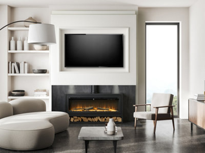 B&Q -  Pre-Built Slate Effect Media Wall 3 With Vision Electric Media Stove & Log Store In Black