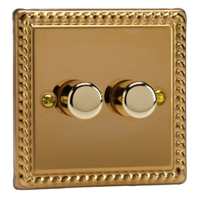 Varilight Double V-Com Rotary 2-Way Led Dimmer 2 X 0-100WClassic Georgian Brass With Polished Brass KnobKgp102 from B&Q
