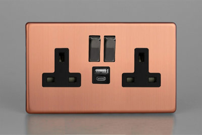 Varilight 2-Gang 13A Switched Socket With 20W Shared Usb-A & Usb-C Charging PortsBrushed Copper Finish from B&Q