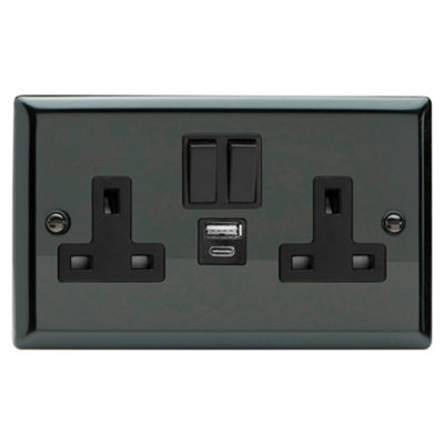 Varilight Double Switched Plug Socket With Usb A+C ChargingClassic Iridium With Black InsertXi5Uacb from B&Q