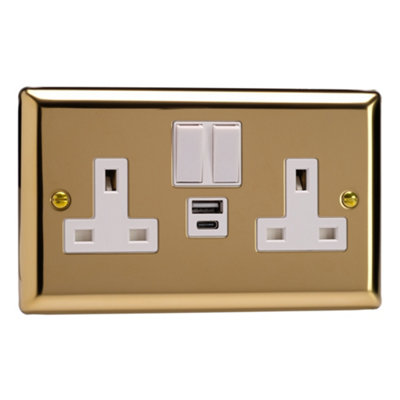 Varilight Double Switched Plug Socket With Usb A+C ChargingClassic Victorian Brass With White InsertXv5Uacw from B&Q