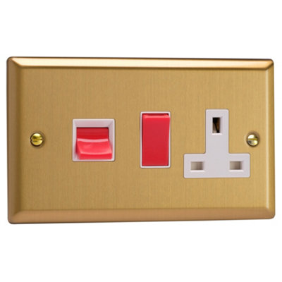 Varilight Cooker Switch With Switched Socket OutletClassic Brushed Brass With White/red InsertXb45Pw from B&Q