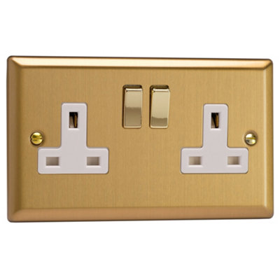 13A Socket Brass 2-Gang 2 Pole Classic Brushed + Brass/White Insert Varilight - Image 4