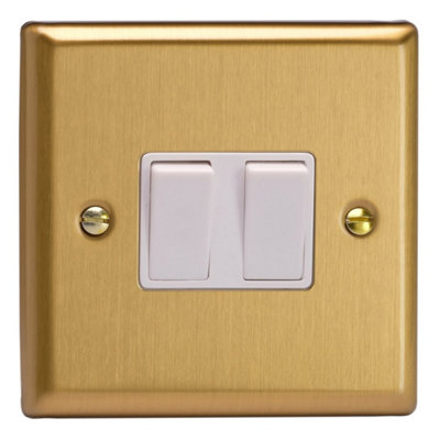 Varilight Double Rocker Light Switch IntermediateClassic Brushed Brass With White RockersXb77W from B&Q